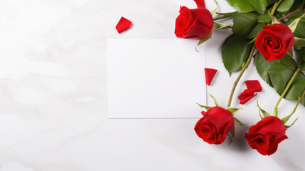 White card mockup with red roses and petals on light table