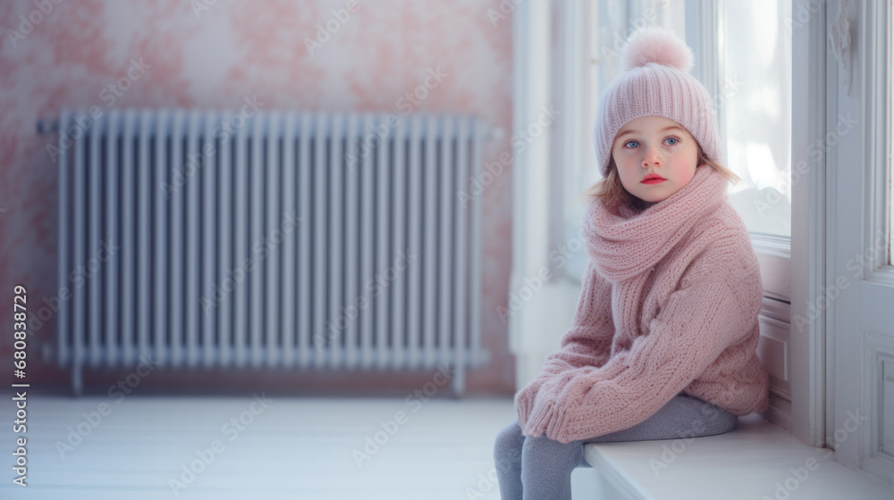 Wall mural Frozen sad girl wearing a hat, scarf and sweater in her home next to a cold radiator