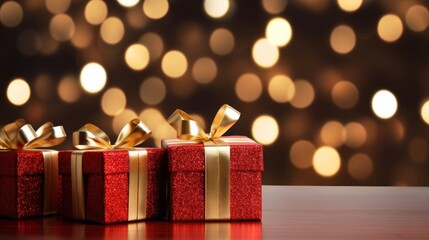 Golden gift presents on a light dark red background with colorful bokeh and stars glittering