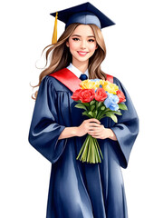 Watercolor illustration of a woman with long hair wearing Nany blue graduation gown, She holding flowers bouquet on her graduation's day. Successful. and celebrating day.  