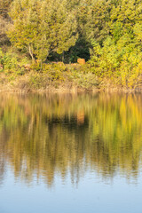 The reflection of the lake under the blue sky