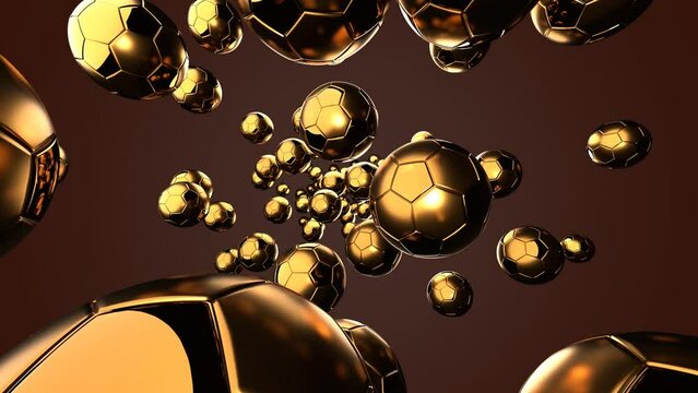 Many gold soccer balls on brown background.
3d animation for background.


