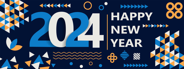 Naklejka premium Happy New Year 2024 text design Modern Calligraphy Greetings on a Stylish Dark Background. abstract pattern with lines new year celebration blue and orange color vector illustration 