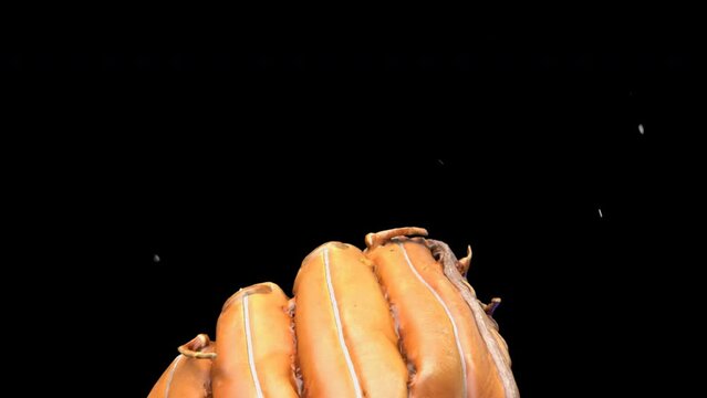 3D Rendered Transition Of Baseball Glove Catching Baseball Floating In Transparent Background.