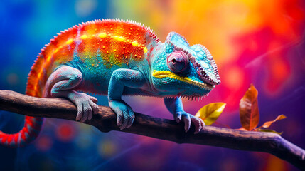 Close-up of a colorful chameleon on the branch with a bokeh background. - Powered by Adobe