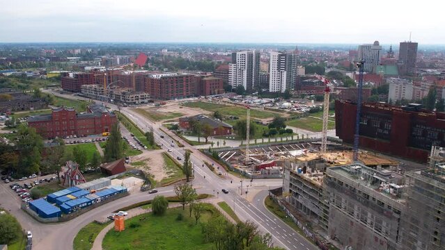 Development In Progress At City Center Of Gdansk In Poland. aerial shot