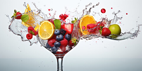 Fresh fruits falling into cocktail glass, splashing on white background.