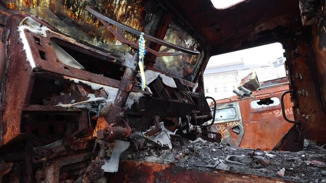War Exhibition at Sophia Square in Kyiv Ukraine - Inside Driver's Seat of Destroyed Russian Tigr Vehicle