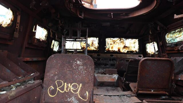 Interior of Burnt Out Russian Tigr MV Military Vehicle Destroyed in Mariupol City Battle During War in Ukraine