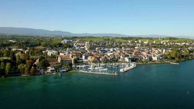 Town Of Morges On Lake Geneva Near Lausanne In The Canton Of Vaud, Switzerland. Aerial Shot