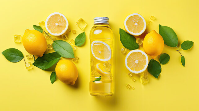 Creative summer composition with lemon slice, mint leaves, can of soda and ice cubes. Minimal lemonade drink concept. copy space