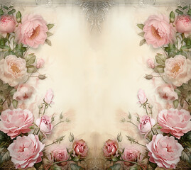 A background of pink roses on a parchment canvas with room for text