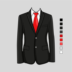 Black suit with red tie. Men's business suit. Collection. Vector illustration