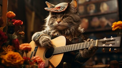 ギターを弾く猫 - obrazy, fototapety, plakaty