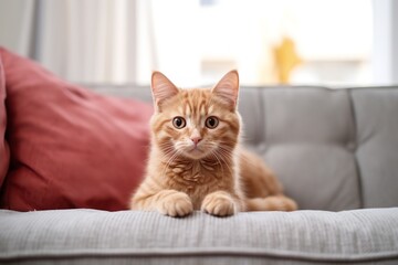 Enchanting close-up photo of a fluffy orange tabby cat with piercing green eyes sitting on a windowsill