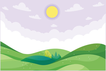 Fototapeta premium Landscape with mountain, grass, trees, and clouds. Nature concept. Colored flat vector illustration isolated.