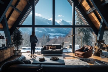 Fototapeta na wymiar Traveler enjoying weekends inside contemporary barn house in the mountains. Happy tourist looking through panoramic windows in new cottage. comeliness
