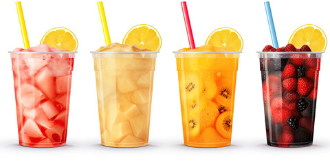 Set of fruit smoothies fruits orange juice straw drink in cups isolated on white background