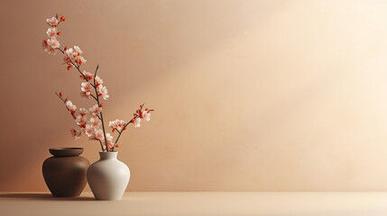 blossom branch in clay vase near beige stucco wall with sunlight