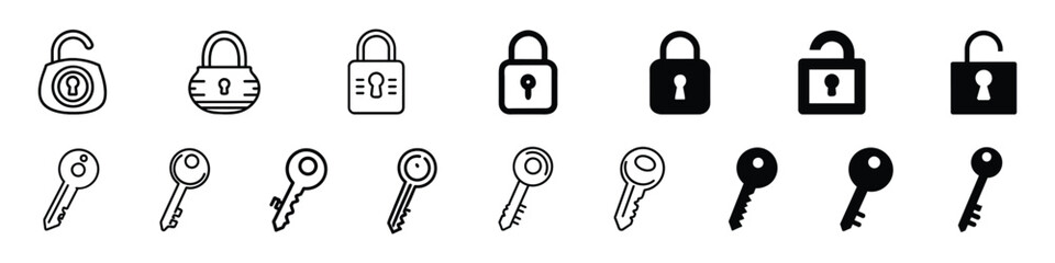 Lock vector icon, Lock Icon,  Security symbol, Locks Icons, Security icons, Keys Icon, lock set icon, open and closed, security line icons. Contains icons digital lock, cyber security