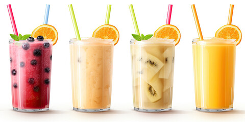 Set of fruit smoothies fruits orange juice straw drink in cups isolated on white background - obrazy, fototapety, plakaty