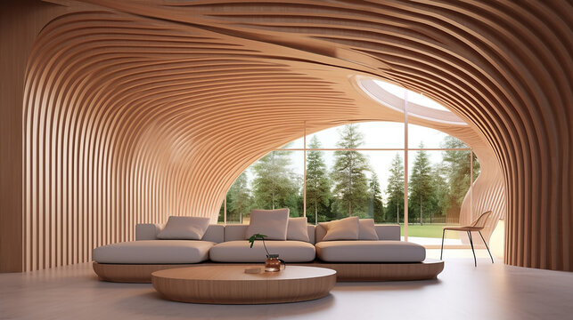 Interior design of modern living room with abstract wooden arched ceiling and wall with curved lines