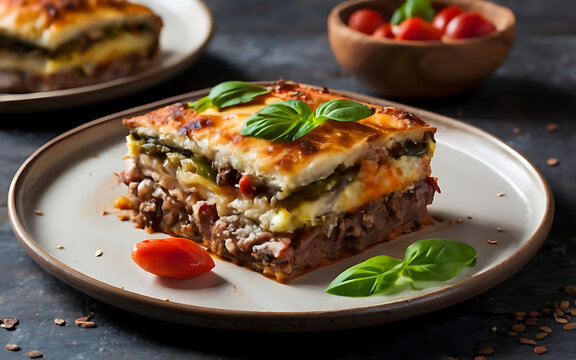Capture the essence of Moussaka in a mouthwatering food photography shot Generative AI