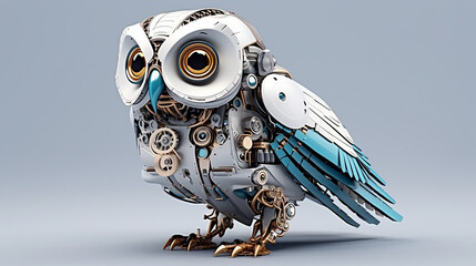 charming owl robot robotic bird isolated over white background - obrazy, fototapety, plakaty