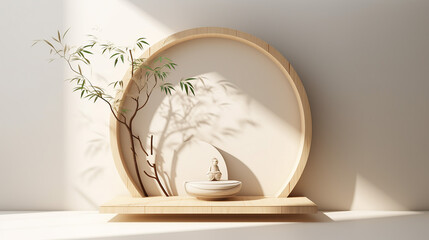 Chinese pattern curved wooden moon door fresh green with sunlight