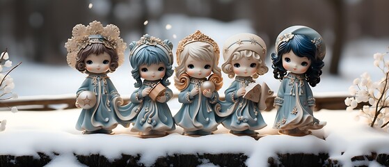 Cute sky blue porcelain angel dolls with gloriole sing christmas carols, background banner for church choir for christmas card, web, social media, newsletter