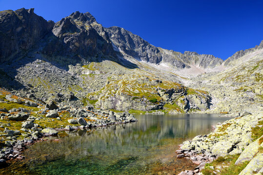 Mountain lake Velke Spisske pleso with mount Ladovy stit in Mala Studena Dolina, Vysoke Tatry (Tatra Mountains), Slovakia.
