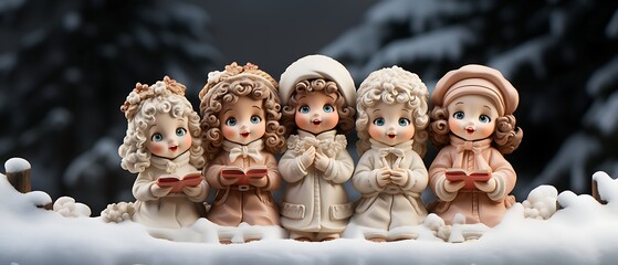 fairytale cute angel dolls made of porcelain sing christmas carols, background banner for church choir for christmas card, web, social media, newsletter