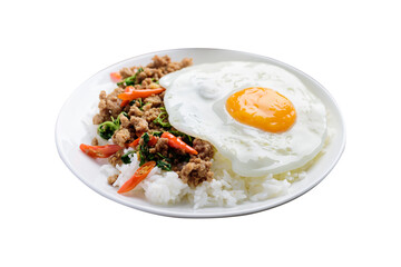 Thai food (Pad Kapao), Stir fried basil with pork and fried egg on cooked rice
