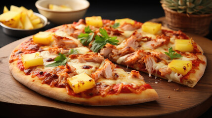 Pizza with chicken and pineapple. Hawaiian pizza