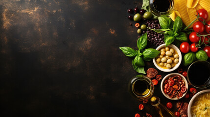 vegetables on a wooden background, Pasta variety , Italian food and drinks on black background with copy space.