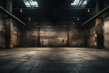 Empty, loft industrial interior. Black colored walls and big windows. Interior warehouse concept background.