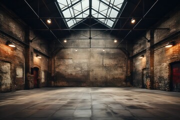 Empty, loft industrial interior. Black colored walls and big windows. Interior warehouse concept background. - obrazy, fototapety, plakaty