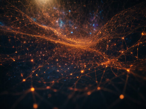 Abstract image of a complex network with interconnected lines and nodes that resemble a cosmic web or neural network. The intricate paths are highlighted with golden and blue light against a deep, dar