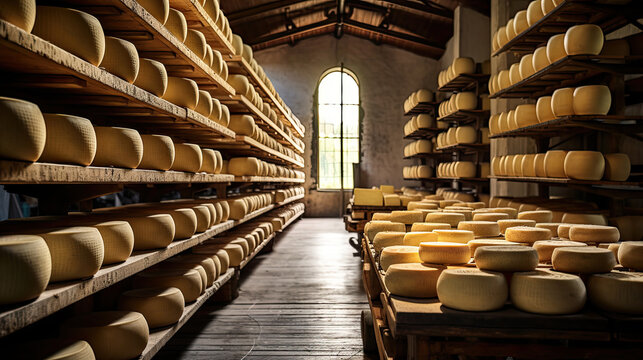 Old cheese factory in Tuscany, Italy. Italian cheese production, A cheese aging cellar with rows of cheese wheels on wooden shelves
