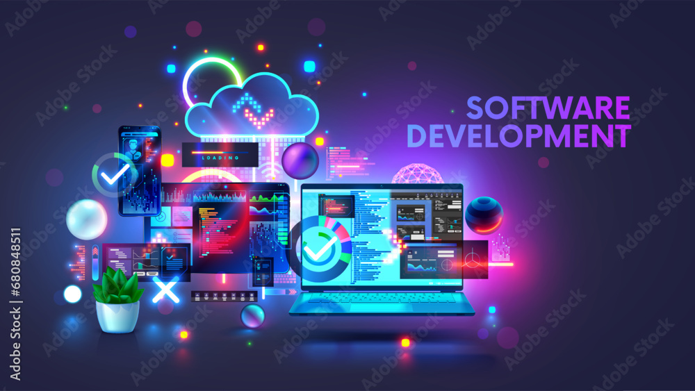 Fototapete Software development coding process concept. Programming, testing cross platform code, app on laptop, tablet, phone. Coding, editing software desktop, mobile devices. Technology software of business.