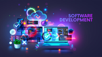 Software development coding process concept. Programming, testing cross platform code, app on laptop, tablet, phone. Coding, editing software desktop, mobile devices. Technology software of business. - obrazy, fototapety, plakaty