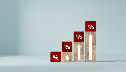 Interest rate and dividend concept, wooden block with percentage symbol and up arrow, return on stocks and mutual funds, long term investment for retirement. - obrazy, fototapety, plakaty