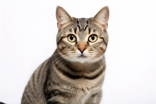 Close-up of striped cat on white background. Potentially a tabby, American shorthair, or Bengal cat. The cat has a white patch on its chest and a black nose. Its fur is soft and fluffy
