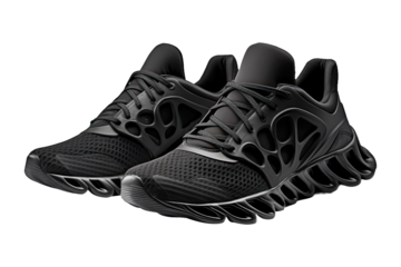 Men's black running Shoe with fluttering laces isolated on a white background