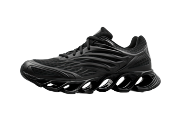 Men's black running Shoe with fluttering laces isolated on a white background