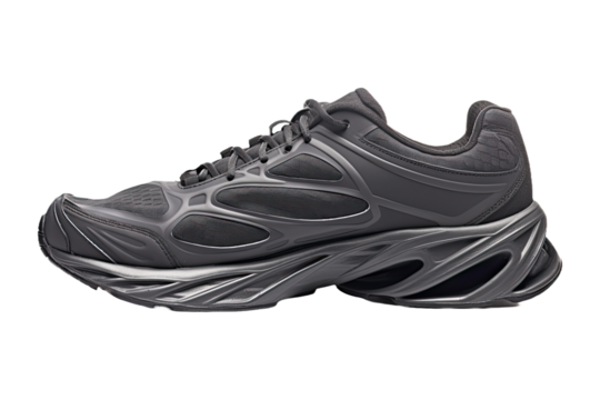 Men's black running Shoe with fluttering laces isolated on a white background