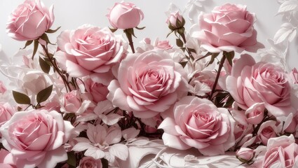 "Pink Roses Bloom: Computer Graphics by Marie Angel on White Background"