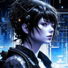 Cyber girl on the background of the city of the future.