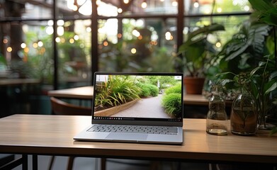 Digital oasis: A laptop among lush plants captures a serene workspace in a modern café ambiance.