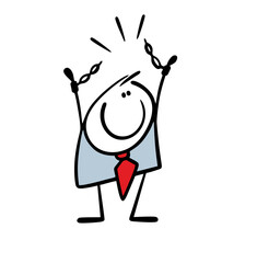 Happy stickman businessman raised hands and broke chains of handcuffs. Vector illustration, man is free, got rid of debts and loans, quit his job, got out of financial slavery.